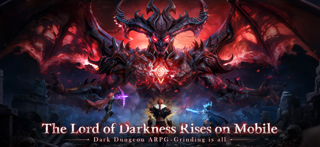 Dungeon of Exile - Tres héroes enfrentándose a un demonio gigante con cuernos en el ARPG de fantasía oscura Dungeon of Exile