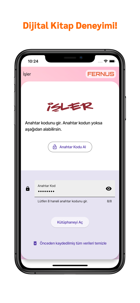 Tela de ativação do aplicativo Isler Mobil Kutuphane mostrando um campo de entrada de código de chave para acesso à biblioteca digital