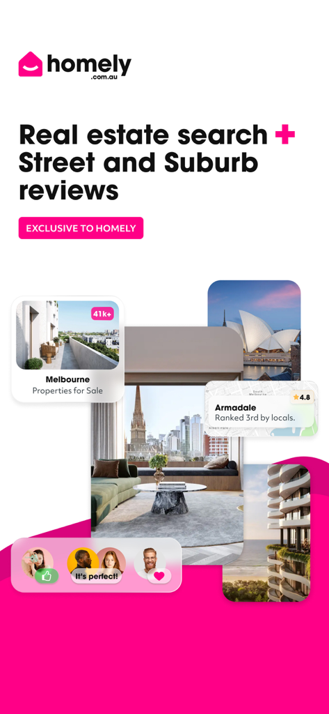 Homely Property & Real Estate - Homely real estate app interface featuring property listings, local street reviews, and social collaboration tools.