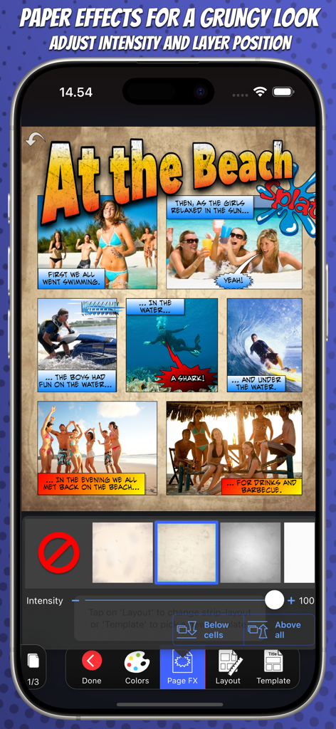 Strip Designer app showing a beach-themed comic strip with grungy paper texture effects applied