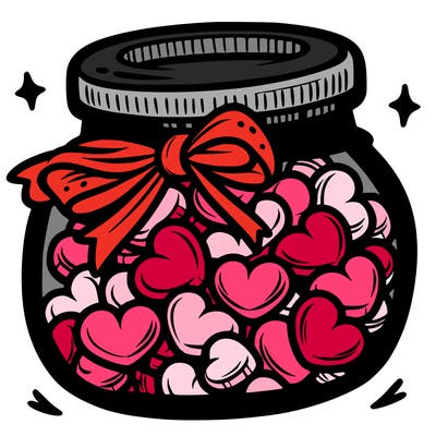 a jar filled with heart-shaped candies and a ribbon around the neck.
