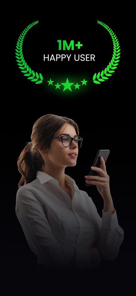 Eine Frau mit Brille hält ein Smartphone unter einem grünen Lorbeerkranz und der Text besagt eine Million glückliche Nutzer mit fünf Sternen