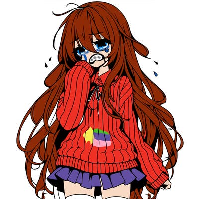 anime girl with long hair and sweater with a skirt crying