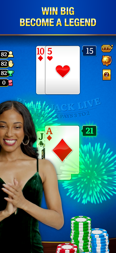 Blackjack Live ™ Casino 21 - 花火とカジノチップと共に、21のブラックジャック勝利ハンドの隣で微笑むライブホスト