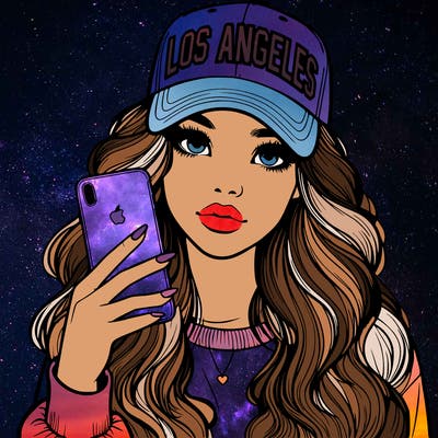 realistic beautiful girl wearing los ángeles cap holding an iphone