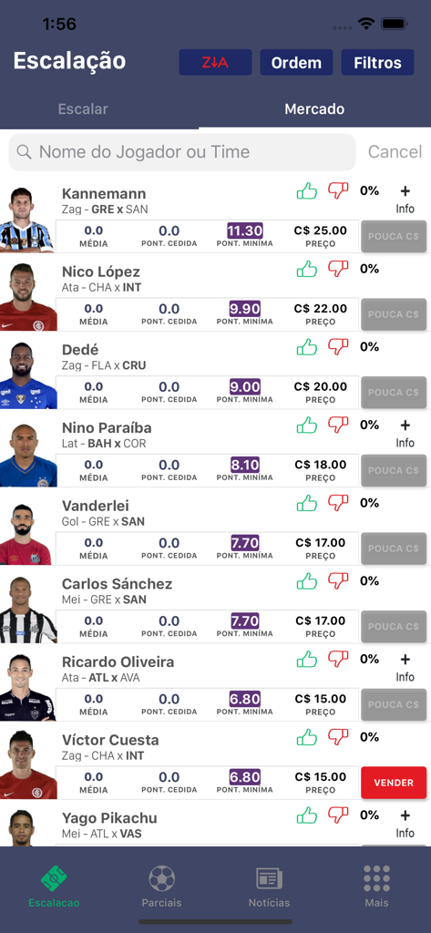 Guru do Cartola - Interface of the Guru do Cartola app showing soccer player statistics and market values for fantasy team selection
