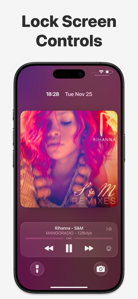 Radio Player FM Live X Radddio - Pantalla de bloqueo del iPhone mostrando los controles de reproducción de una estación de radio en vivo en la aplicación Radddio