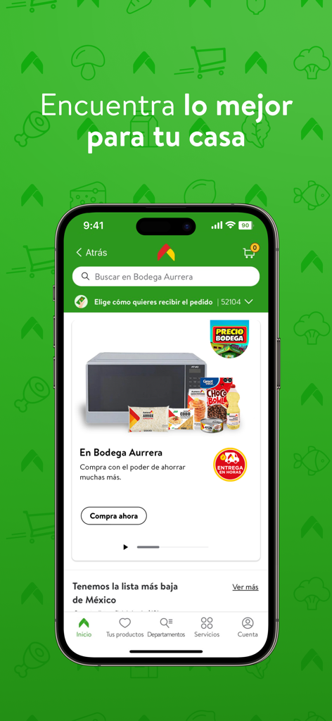 Home screen of the Bodega Aurrera mobile app featuring a microwave and groceries with a delivery in hours badge.