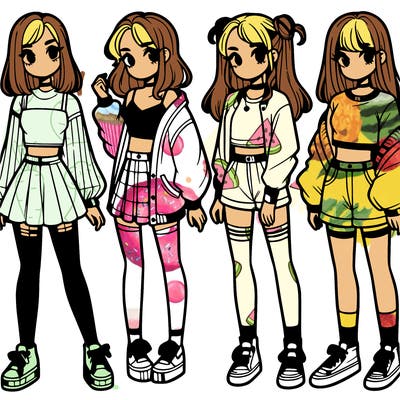 one girl with crop-top shirt and a jacket with a skirt, long socks and another girl with a shirt and pants with a jacket