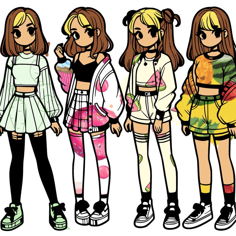 one girl with crop-top shirt and a jacket with a skirt, long socks and another girl with a shirt and pants with a jacket