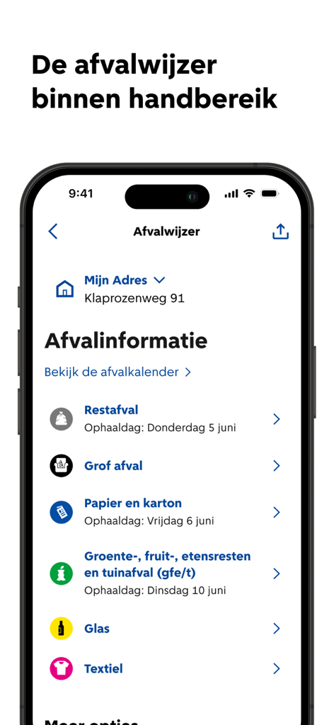 De Amsterdam App - De Amsterdam App Afvalwijzer screen showing waste collection schedules for different types of trash like residual and paper