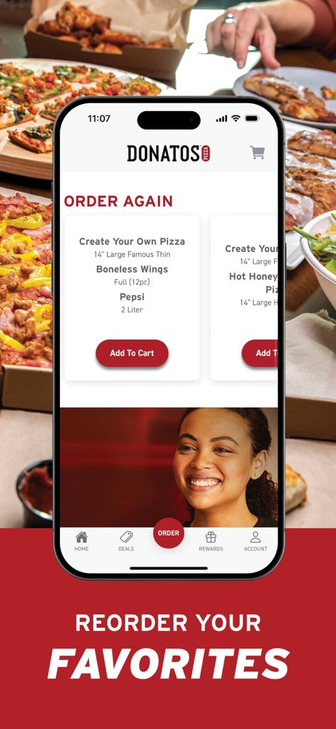 Donatos Pizza mobile app showing the reorder favorites feature for quick food ordering.