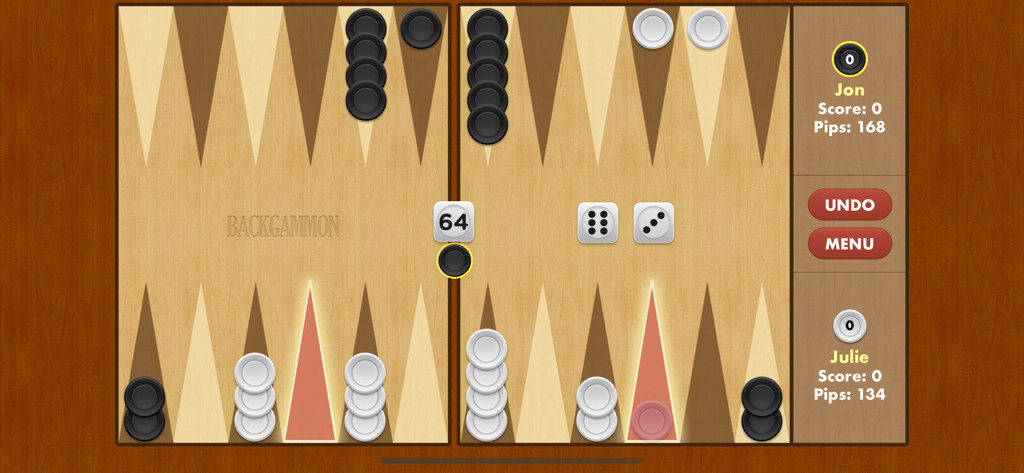 Digital backgammon board showing a match in progress with black and white checkers