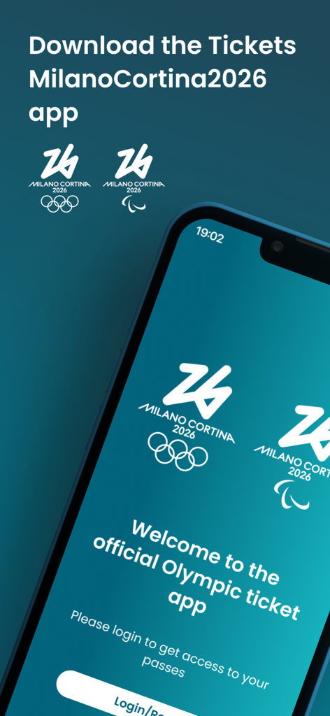 Tickets MilanoCortina2026 - Écran d'accueil de l'application officielle de billetterie des Jeux olympiques de Milano Cortina 2026 sur un smartphone