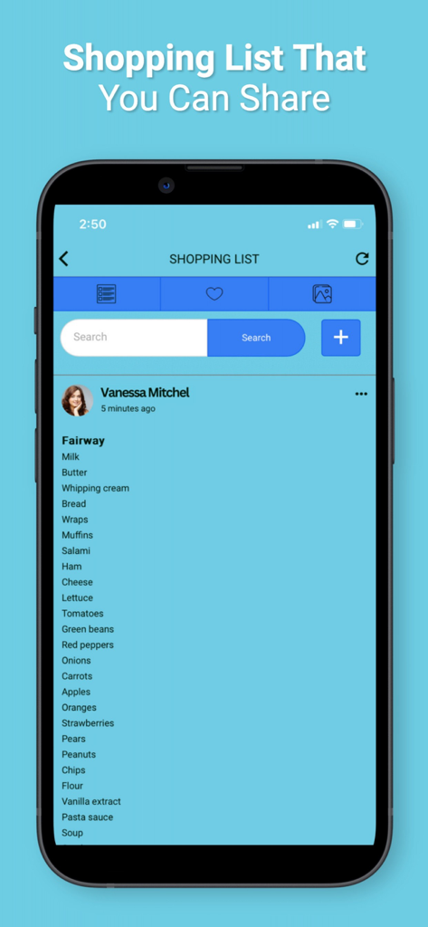 Uma lista de compras compartilhada dentro do aplicativo móvel Fairway Market mostrando itens domésticos comuns