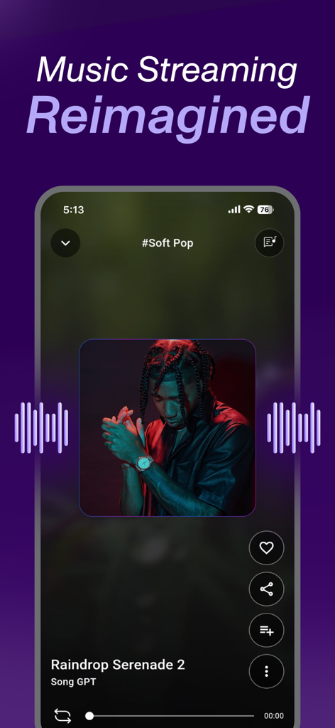 Smartphone screen showing the music player interface of Song GPT with a soft pop track playing.