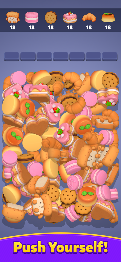 Match Out! - A 3D triple match puzzle screen featuring various dessert items like cakes and macarons
