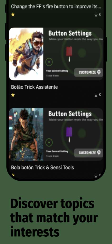Interfaz de la aplicación Fire Button Pro mostrando personalización de botones de juego y ajustes de sensibilidad
