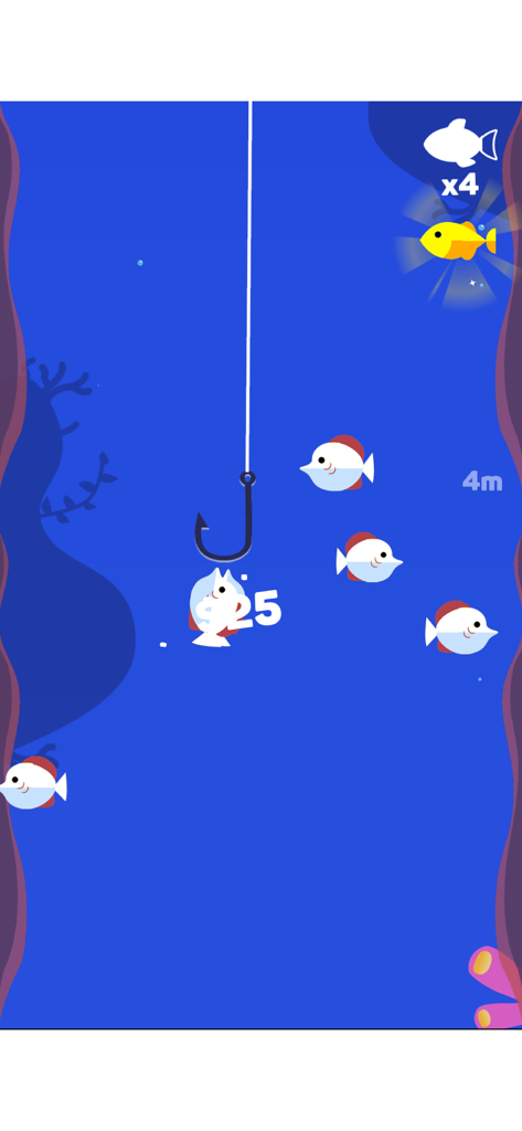 Tiny Fishing - Gameplay screen of Tiny Fishing showing a fishing hook catching fish at a depth of 4 meters