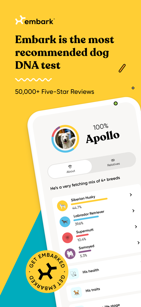Embark Vet app interface showing a dog breed mix breakdown for a dog named Apollo including Siberian Husky and Labrador Retriever