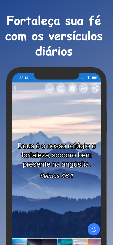 Bíblia Adventista: Meditação - Tela de smartphone mostrando um versículo bíblico diário de Salmos sobre um fundo de paisagem montanhosa