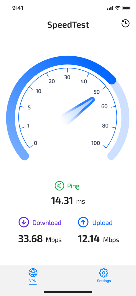 Secure VPN & Fast Proxy Master - 게이지와 함께 핑, 다운로드 및 업로드 지표를 보여주는 VPN 앱의 속도 테스트 화면