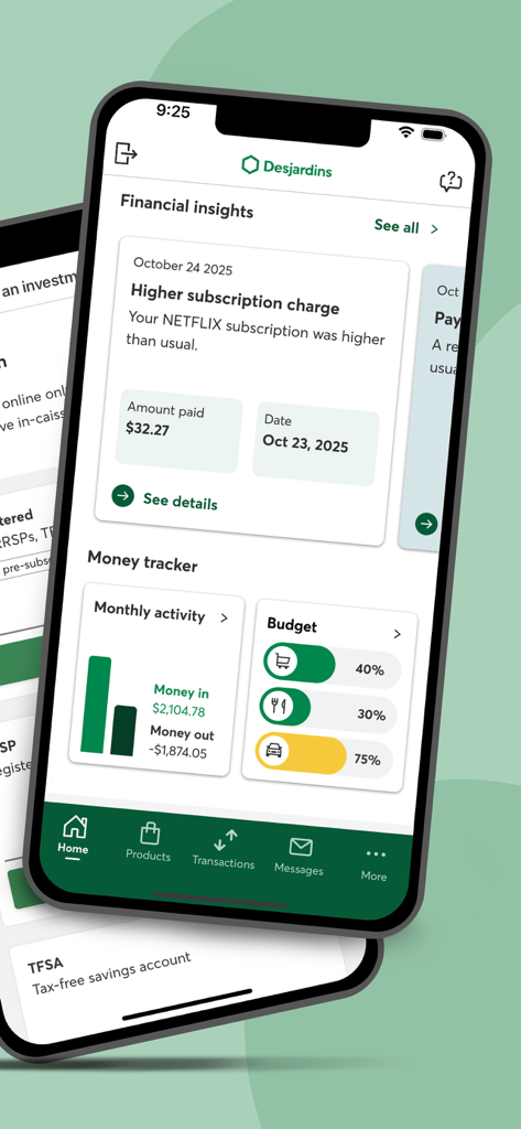 Interface of Desjardins mobile app showing financial insights alerts and a money tracker with budget progress bars.