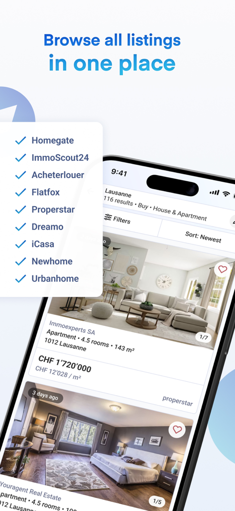 RealAdvisor - RealAdvisor app interface showing Swiss real estate listings aggregated from multiple portals