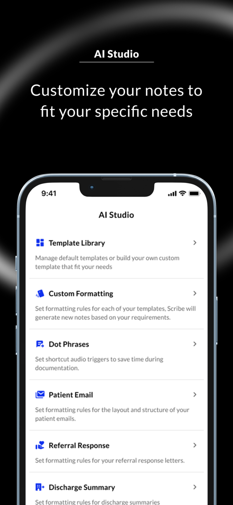 AI Studio interface in the Commure Ambient app showing options for customizing medical note templates, dot phrases, and patient emails.