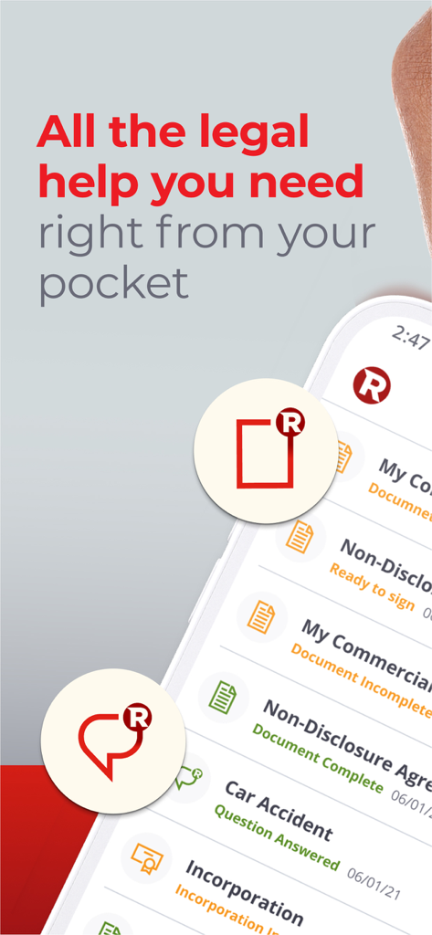 Interface of the Rocket Lawyer app showing a list of legal documents and services including non disclosure agreements and business incorporation