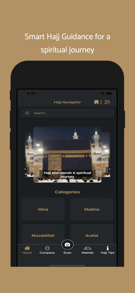 PHVG Hajj Navigator - The home screen of the PHVG Hajj Navigator mobile app displaying location categories like Mina, Madina, Muzdalifah and Arafat with a search bar and a spiritual guidance theme.