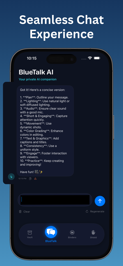 BlueTalk AI - A screenshot of BlueTalk AI app showing a conversational chat interface with a list of content creation tips.