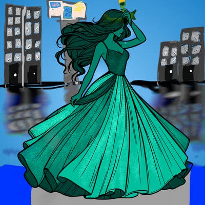 realistic woman with dress flowing in the wind