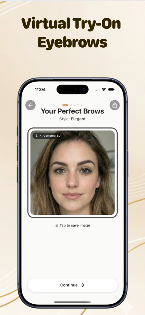 Brow Stylist - Perfect Brows - Mobile app interface showing a virtual try-on of elegant eyebrows with AI technology on a woman's face