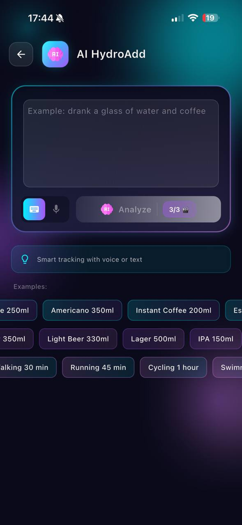 Hydro Balance - Interfaz de seguimiento inteligente de IA de la aplicación Hydro Balance para registrar bebidas por voz y texto