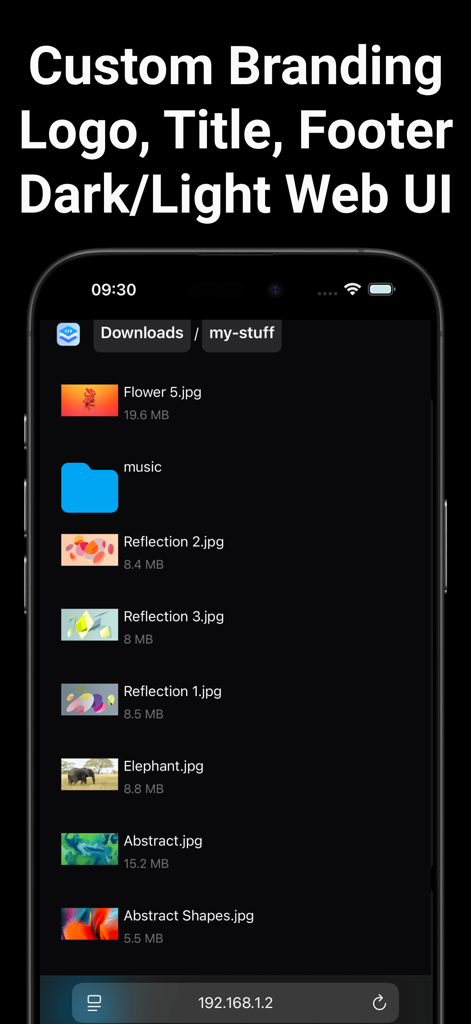 PocketServer: Folder Sharing - PocketServer app screenshot showing customizable dark mode web interface and local file sharing