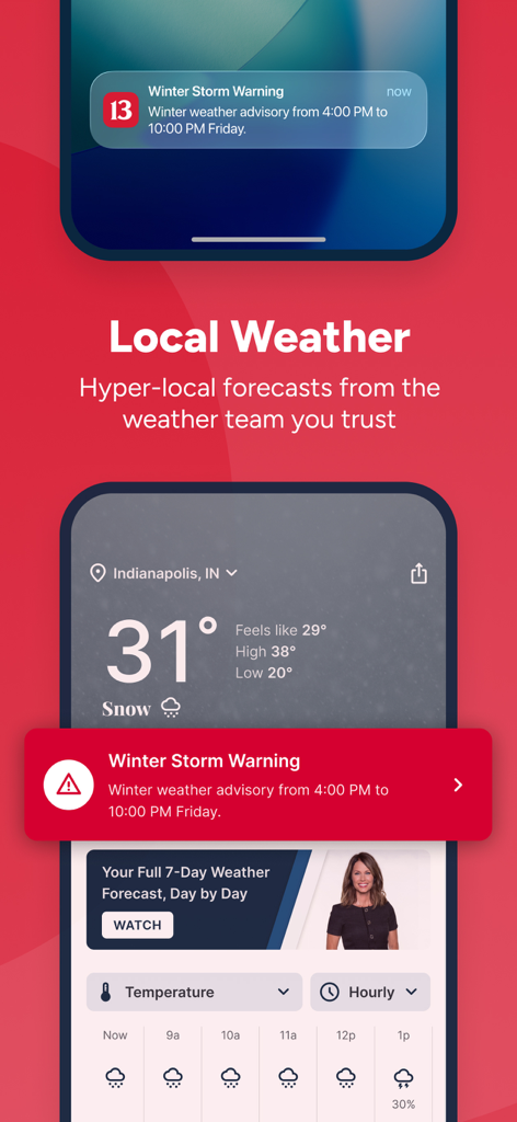 Indianapolis News from 13 WTHR - Screenshot of the WTHR Indianapolis app showing a local winter storm warning and weather forecast
