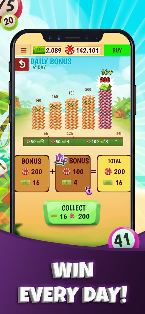 Praia Bingo: Bingo Online - Pantalla de bonificación diaria de Praia Bingo mostrando pilas de fichas de juego y recompensas VIP sobre un fondo de playa tropical.