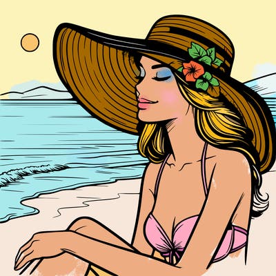 realistic woman on a beach with sun hat