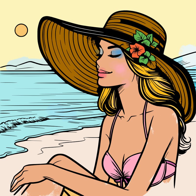 realistic woman on a beach with sun hat