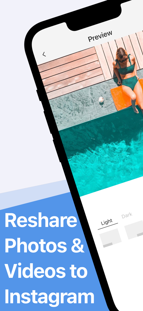 Reshare app preview screen showing a photo of a woman by a pool ready to be posted to Instagram.