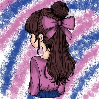 realistic girl  with hip length hair a bun and a big bow on the back of head