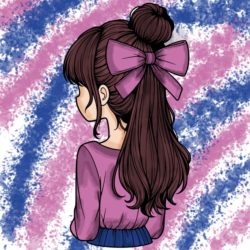 realistic girl  with hip length hair a bun and a big bow on the back of head