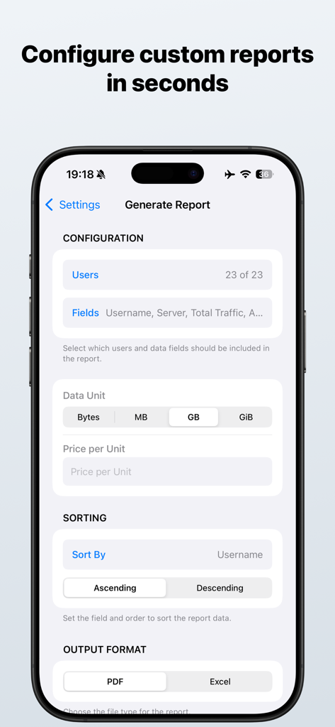 Mikrolink Hotspot - Interfaz de la aplicación Mikrolink Hotspot mostrando opciones para configurar informes de red personalizados con unidades de datos, ordenación y formatos de salida PDF o Excel.