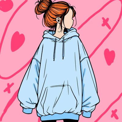 realistic girl with a oversized sweatshirt on and a bun