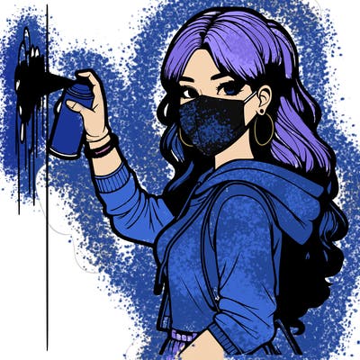 realistic girl with mask spray painting a wall
