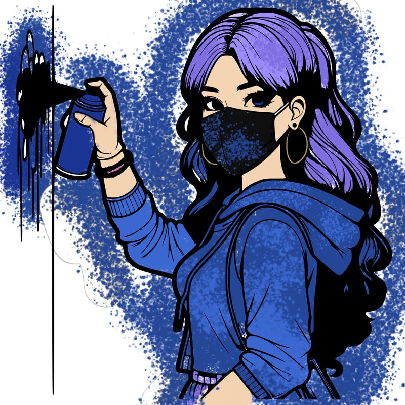 realistic girl with mask spray painting a wall