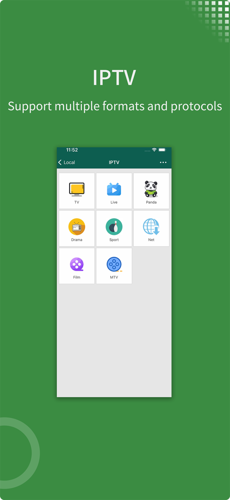 zFuse media player app screenshot showing IPTV support and category selection