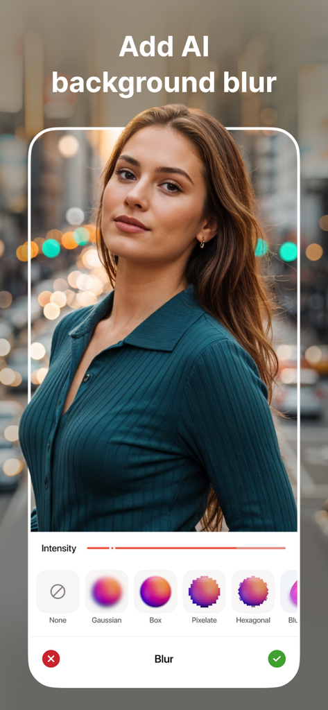 Censor: Face Blur & Pixelate - Portrait photo with AI background blur and various editing style options in the Censor app