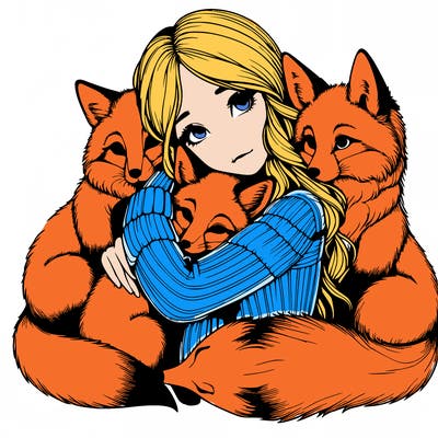 realistic, looking girl hugging, foxes